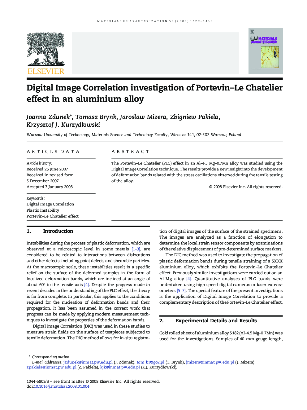 Digital Image Correlation investigation of Portevin–Le Chatelier effect in an aluminium alloy