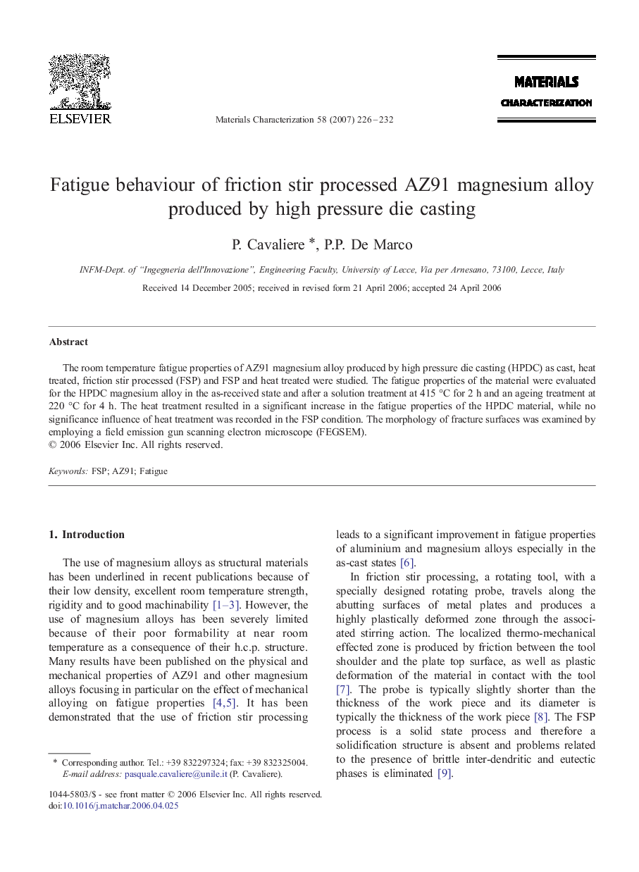 Fatigue behaviour of friction stir processed AZ91 magnesium alloy produced by high pressure die casting