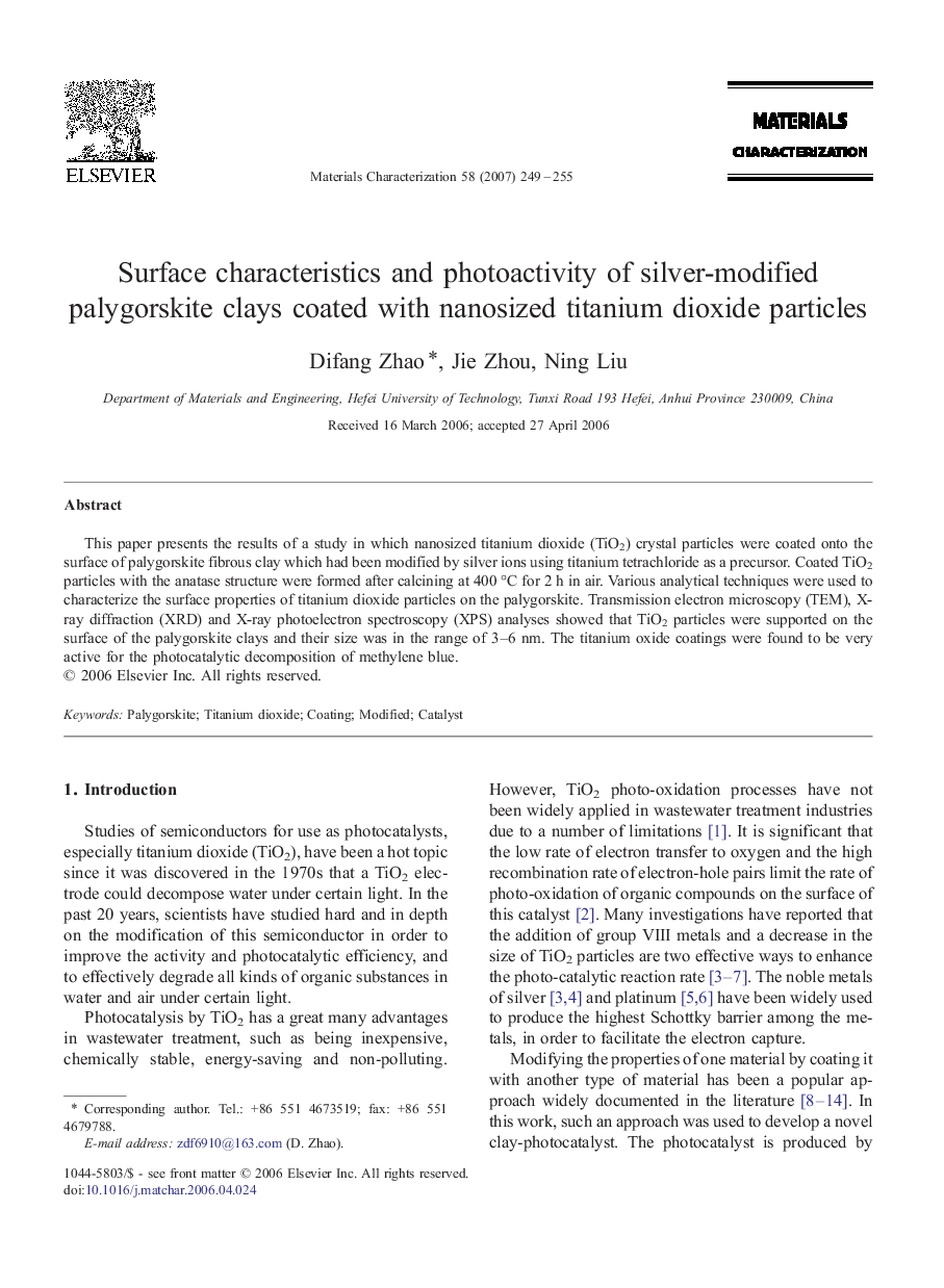 Surface characteristics and photoactivity of silver-modified palygorskite clays coated with nanosized titanium dioxide particles