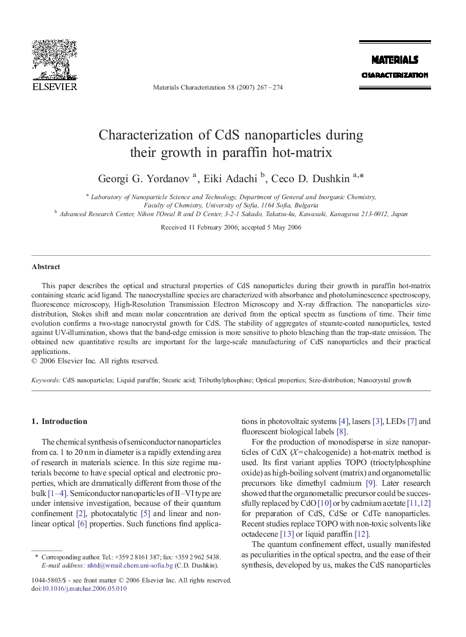 Characterization of CdS nanoparticles during their growth in paraffin hot-matrix