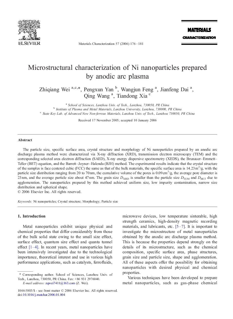 Microstructural characterization of Ni nanoparticles prepared by anodic arc plasma