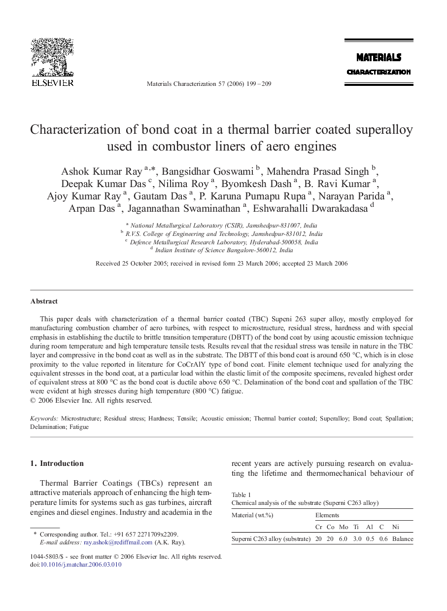 Characterization of bond coat in a thermal barrier coated superalloy used in combustor liners of aero engines