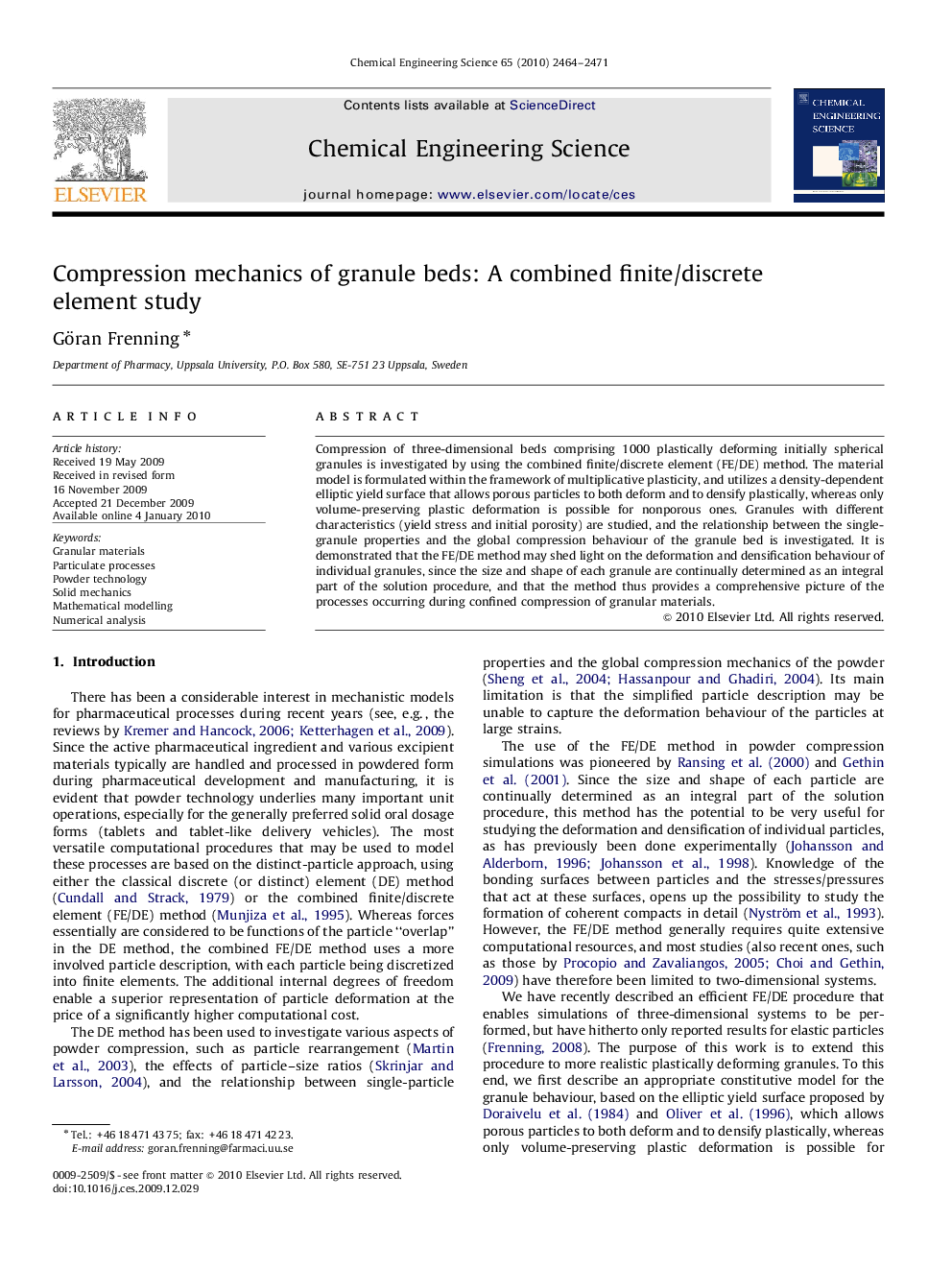 Compression mechanics of granule beds: A combined finite/discrete element study