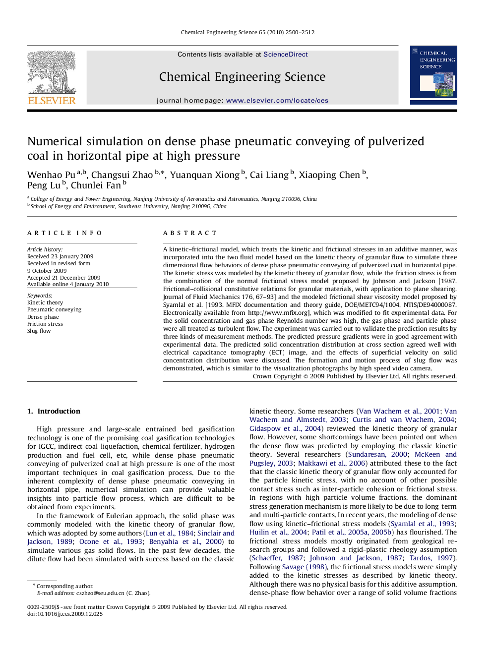 Numerical simulation on dense phase pneumatic conveying of pulverized coal in horizontal pipe at high pressure