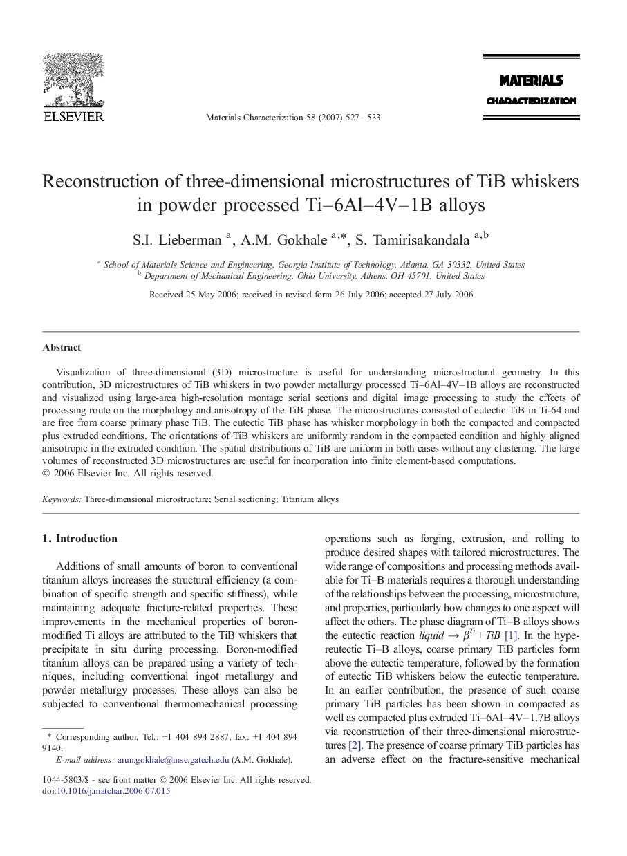 Reconstruction of three-dimensional microstructures of TiB whiskers in powder processed Ti-6Al-4V-1B alloys