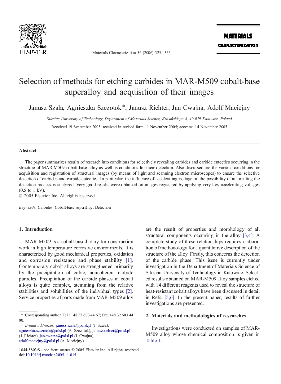 Selection of methods for etching carbides in MAR-M509 cobalt-base superalloy and acquisition of their images