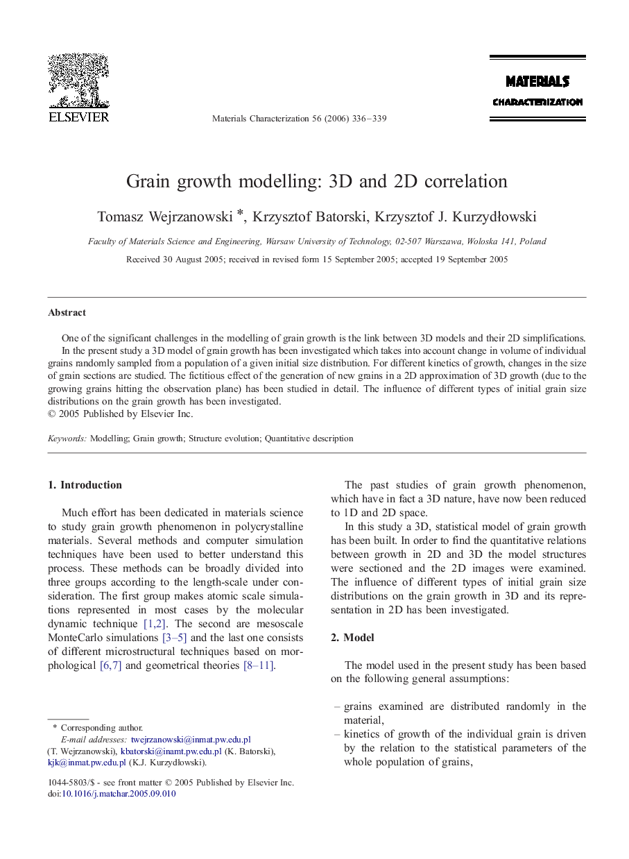 Grain growth modelling: 3D and 2D correlation