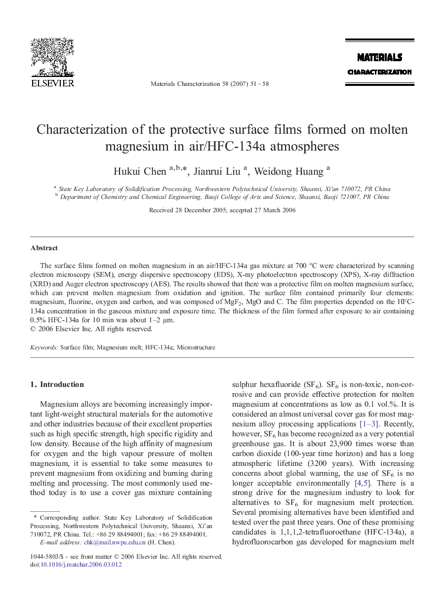 Characterization of the protective surface films formed on molten magnesium in air/HFC-134a atmospheres