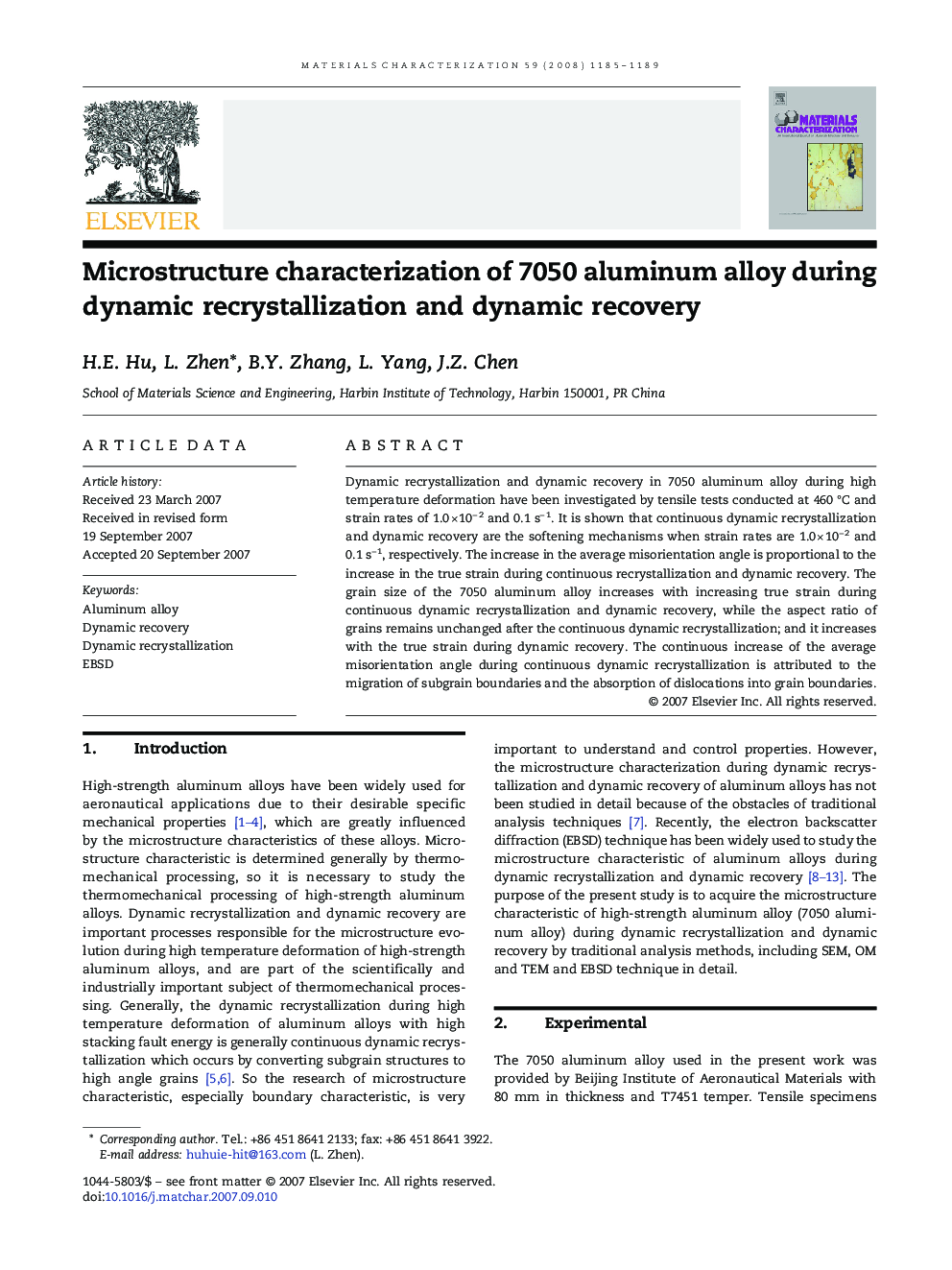 Microstructure characterization of 7050 aluminum alloy during dynamic recrystallization and dynamic recovery