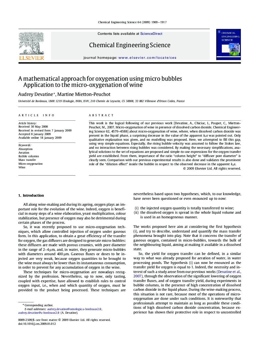 A mathematical approach for oxygenation using micro bubbles: Application to the micro-oxygenation of wine