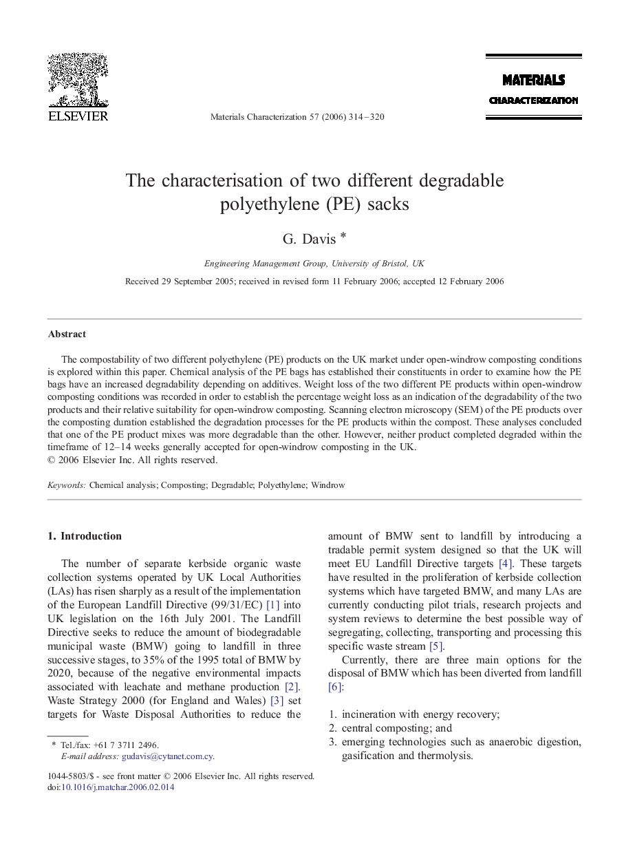 عکس صفحه اول مقاله: The characterisation of two different degradable polyethylene (PE) sacks The characterisation of two different degradable polyethylene (PE) sacks