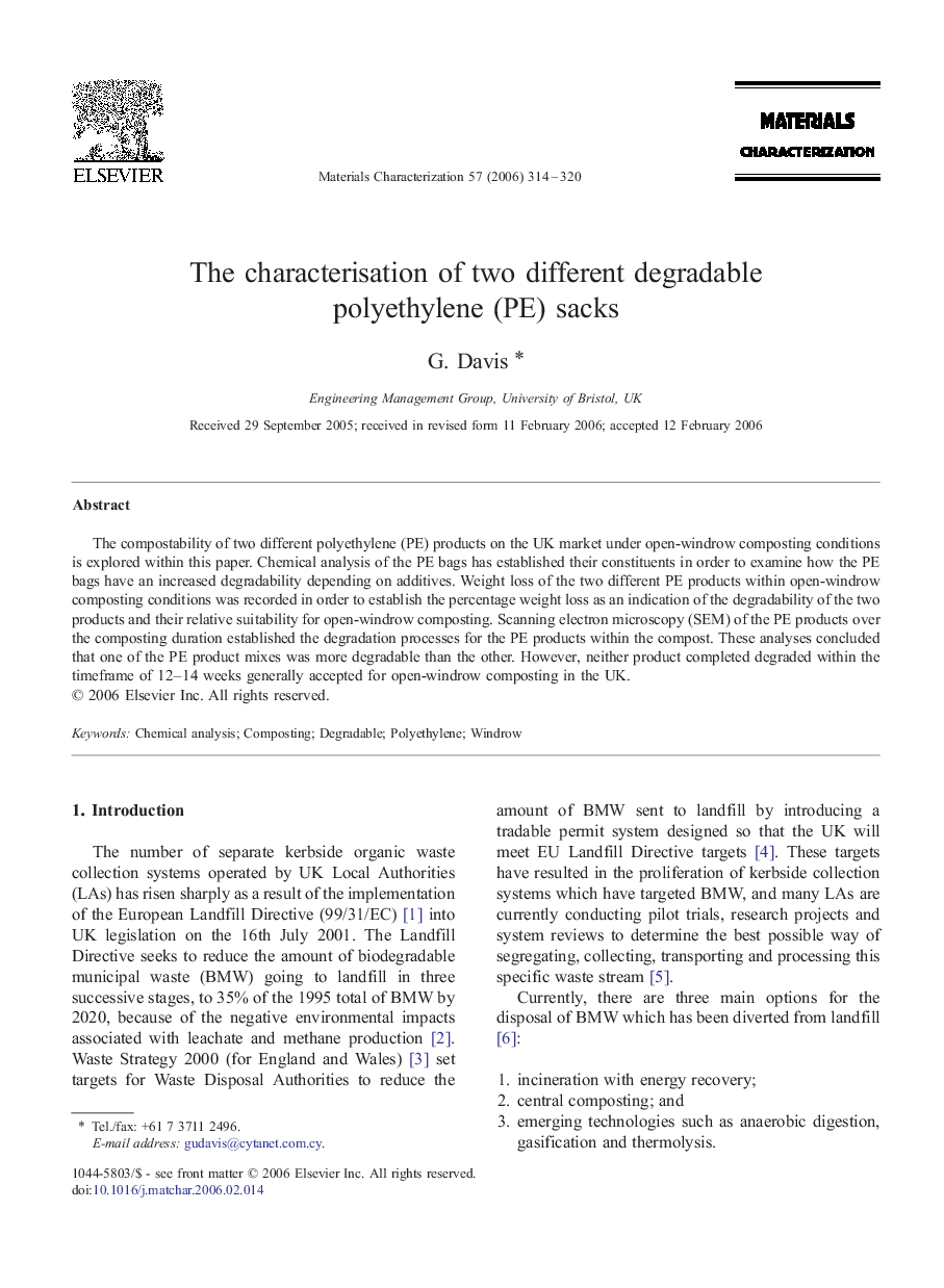 The characterisation of two different degradable polyethylene (PE) sacks