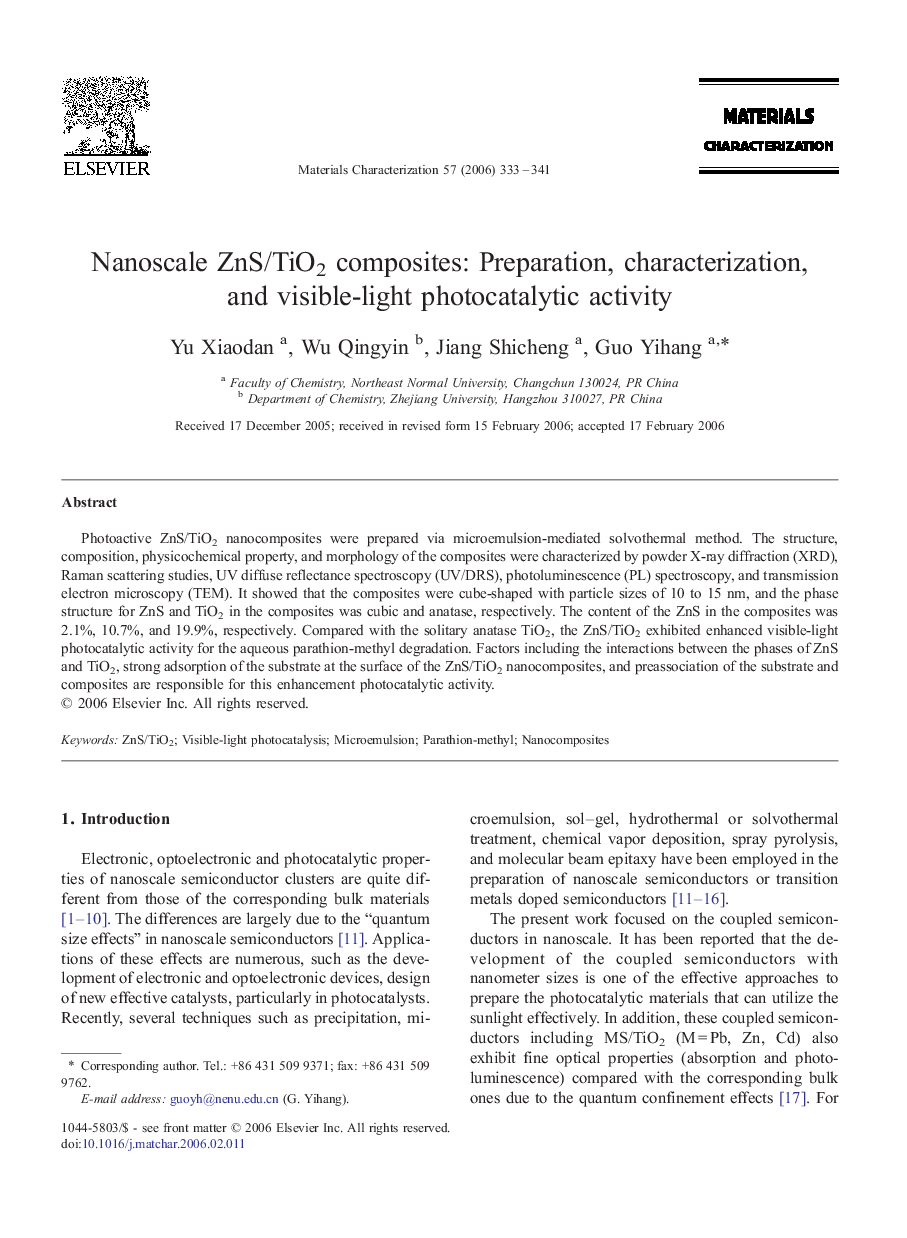 Nanoscale ZnS/TiO2 composites: Preparation, characterization, and visible-light photocatalytic activity