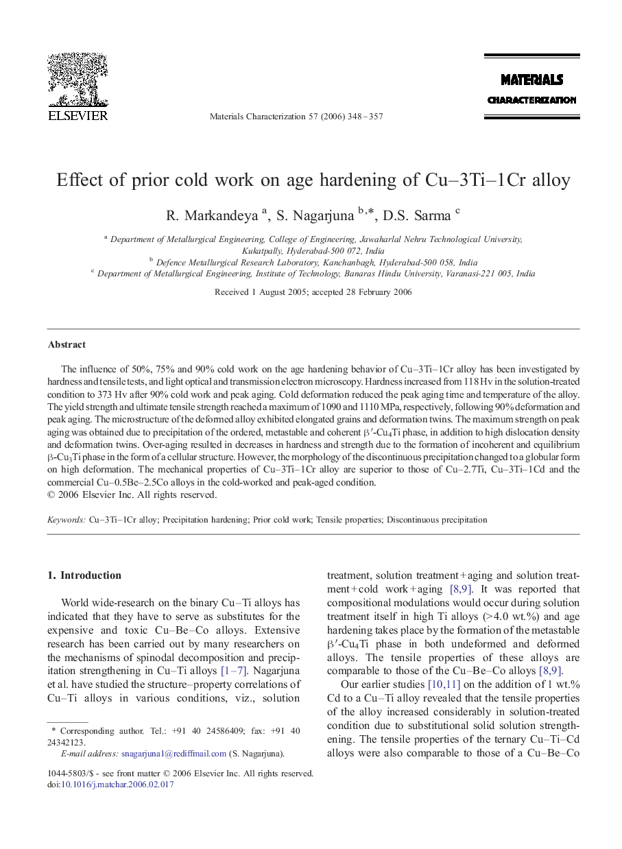 Effect of prior cold work on age hardening of Cu–3Ti–1Cr alloy