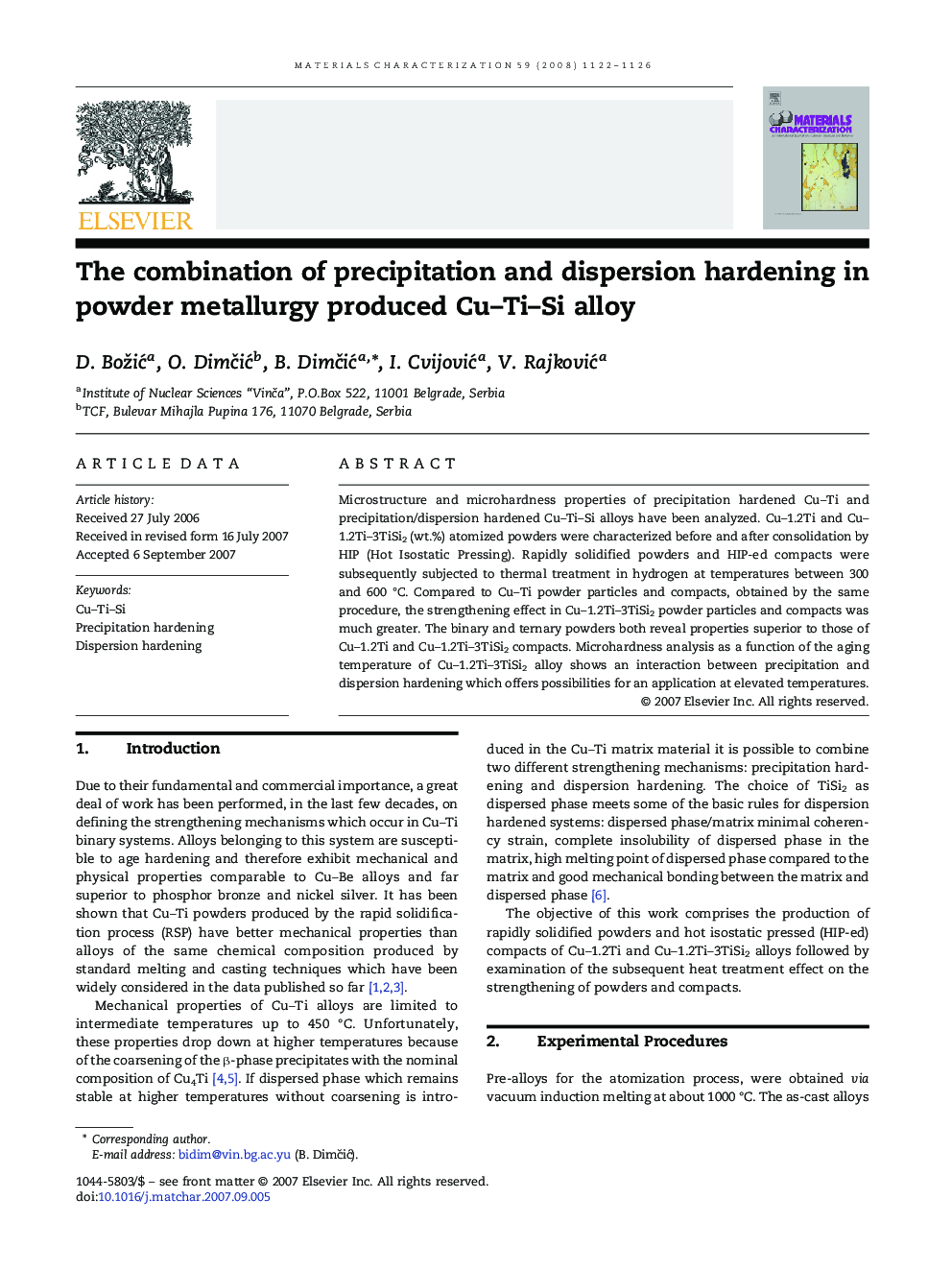 The combination of precipitation and dispersion hardening in powder metallurgy produced Cu-Ti-Si alloy