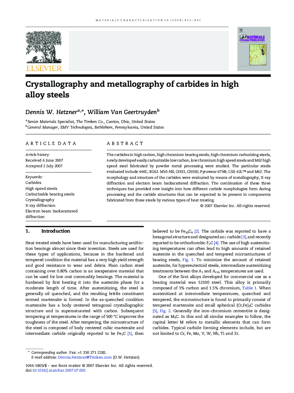 Crystallography and metallography of carbides in high alloy steels