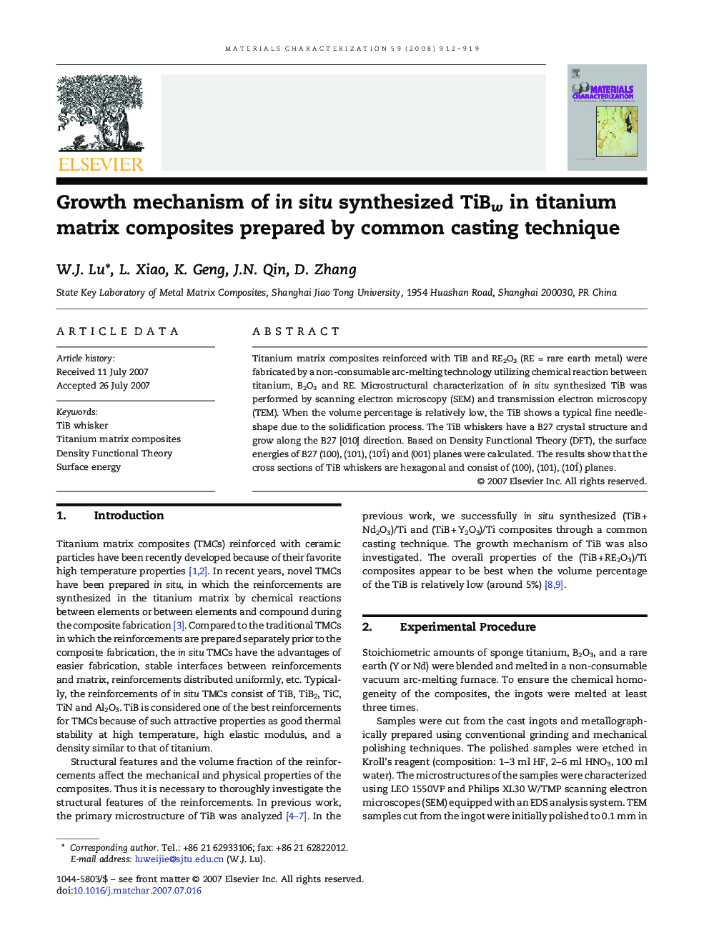 Growth mechanism of in situ synthesized TiBw in titanium matrix composites prepared by common casting technique