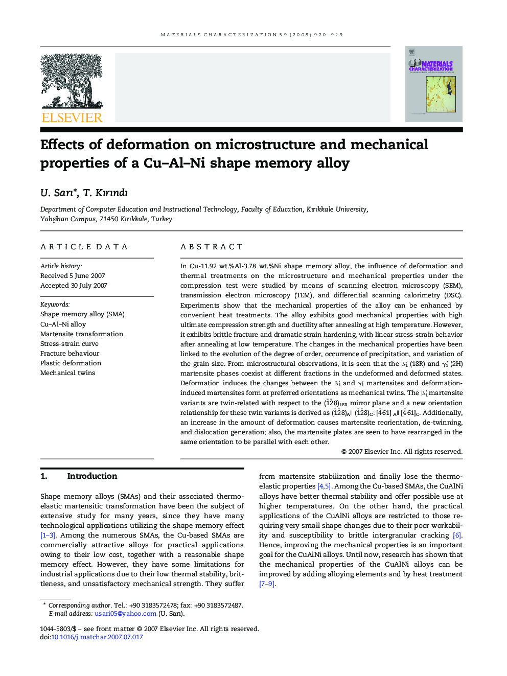 Effects of deformation on microstructure and mechanical properties of a Cu-Al-Ni shape memory alloy