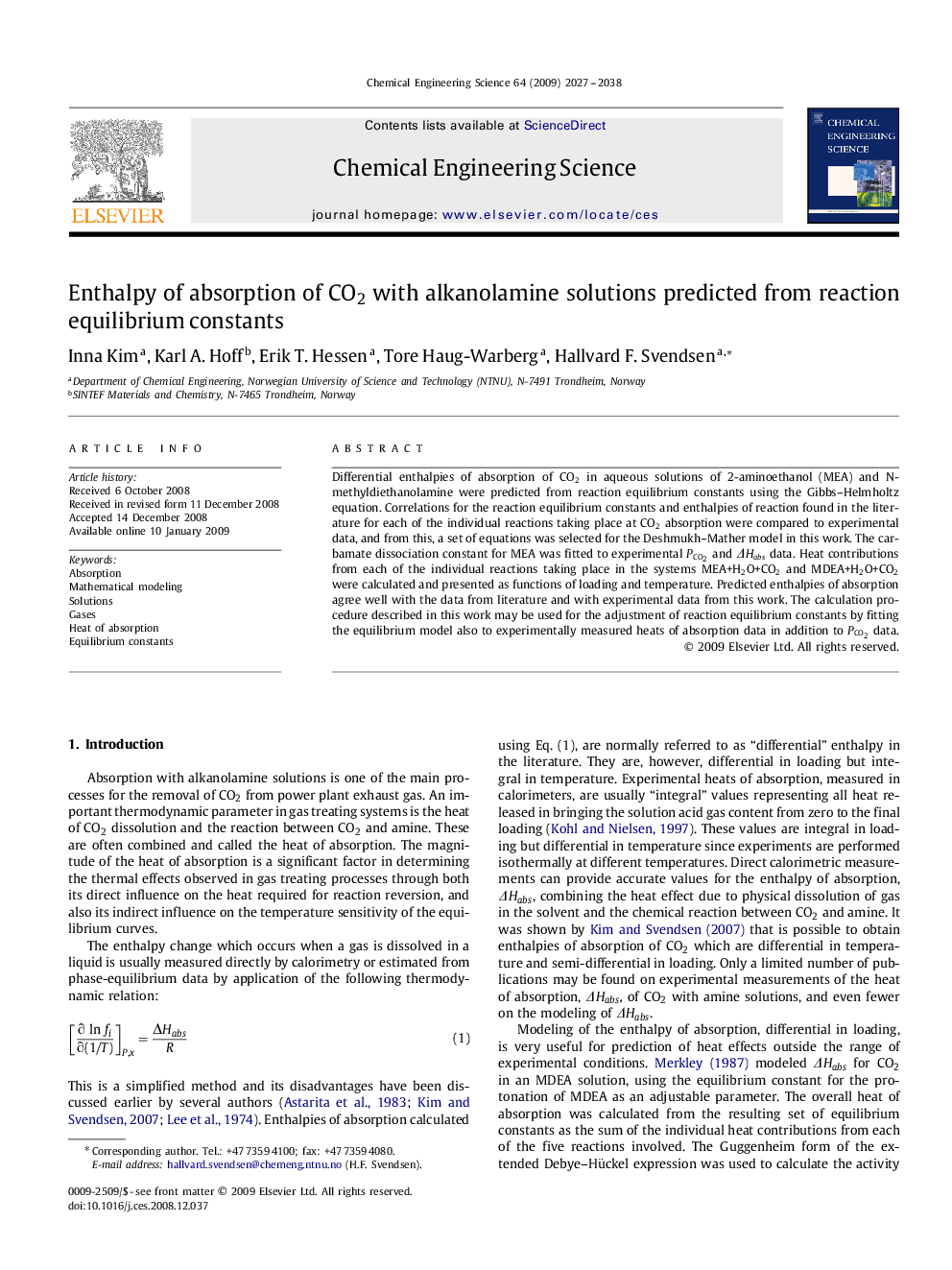 Enthalpy of absorption of CO2 with alkanolamine solutions predicted from reaction equilibrium constants