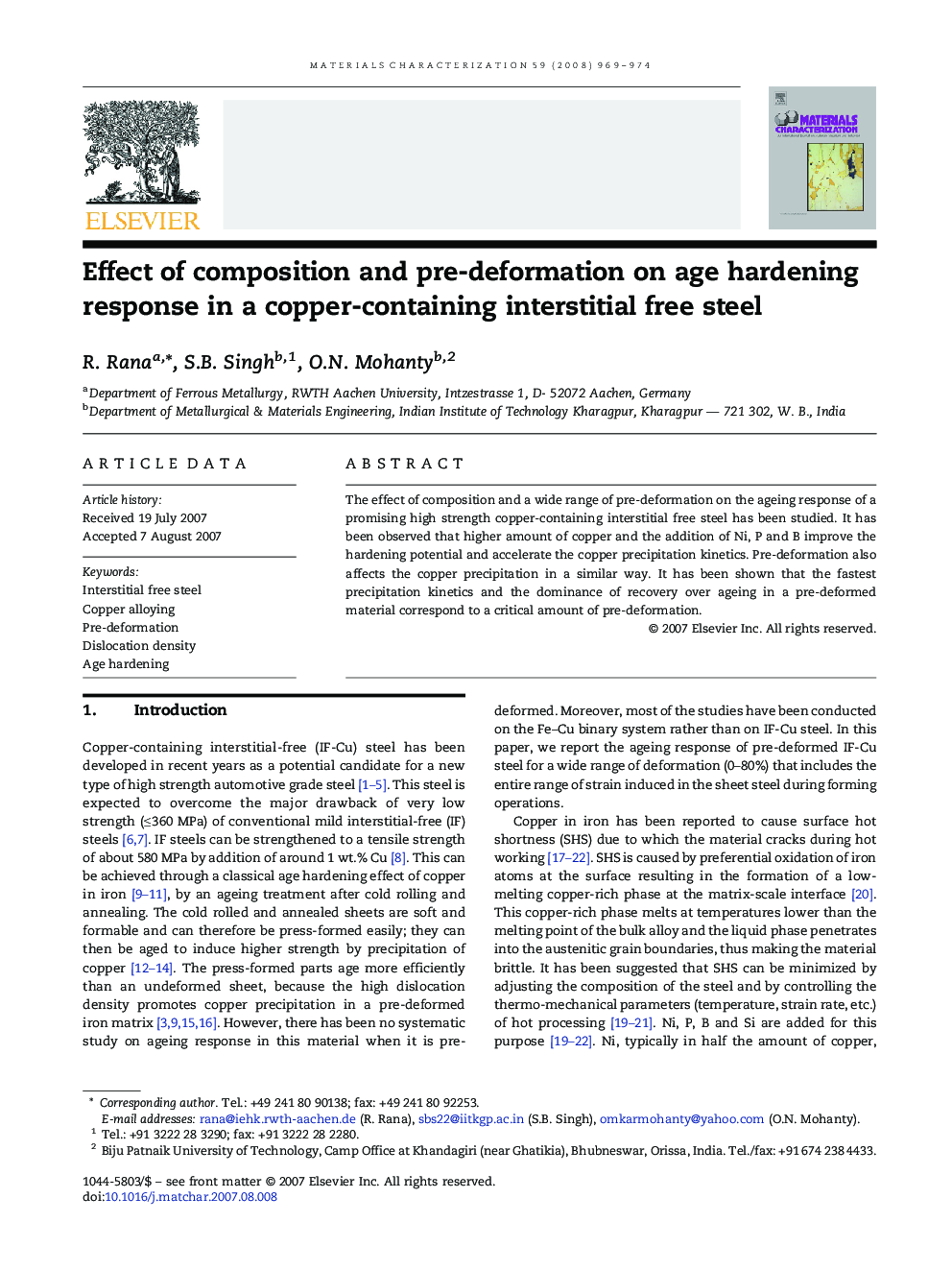 Effect of composition and pre-deformation on age hardening response in a copper-containing interstitial free steel