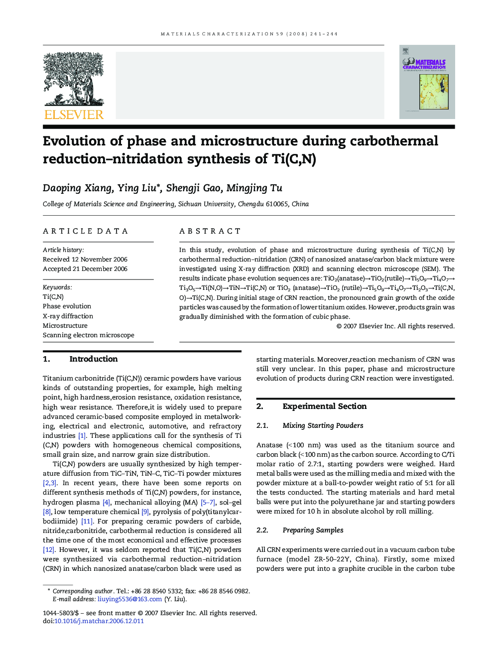 Evolution of phase and microstructure during carbothermal reduction–nitridation synthesis of Ti(C,N)