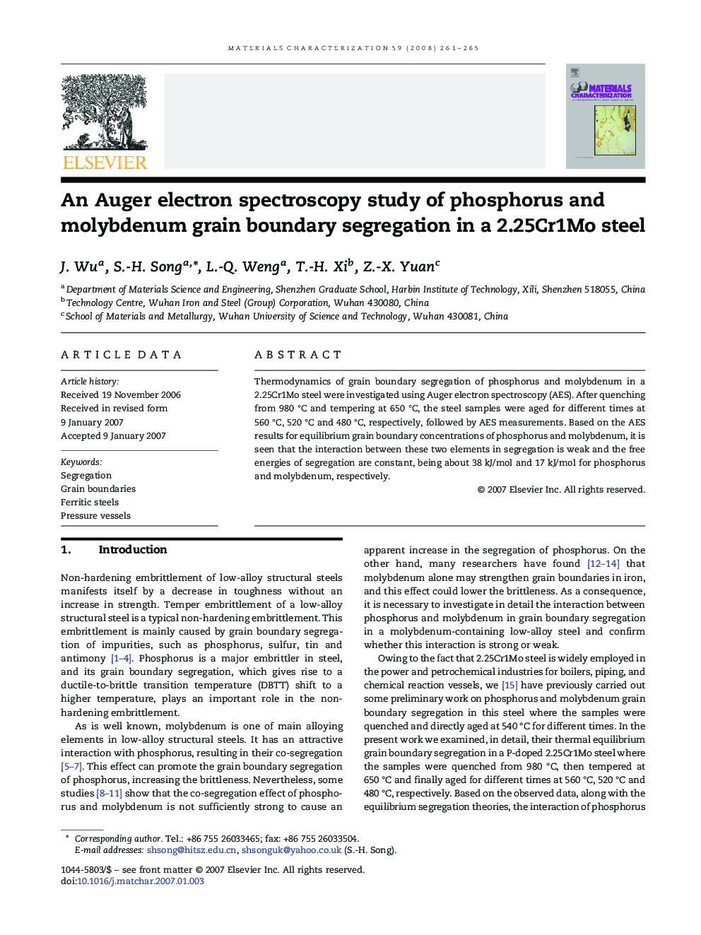 An Auger electron spectroscopy study of phosphorus and molybdenum grain boundary segregation in a 2.25Cr1Mo steel