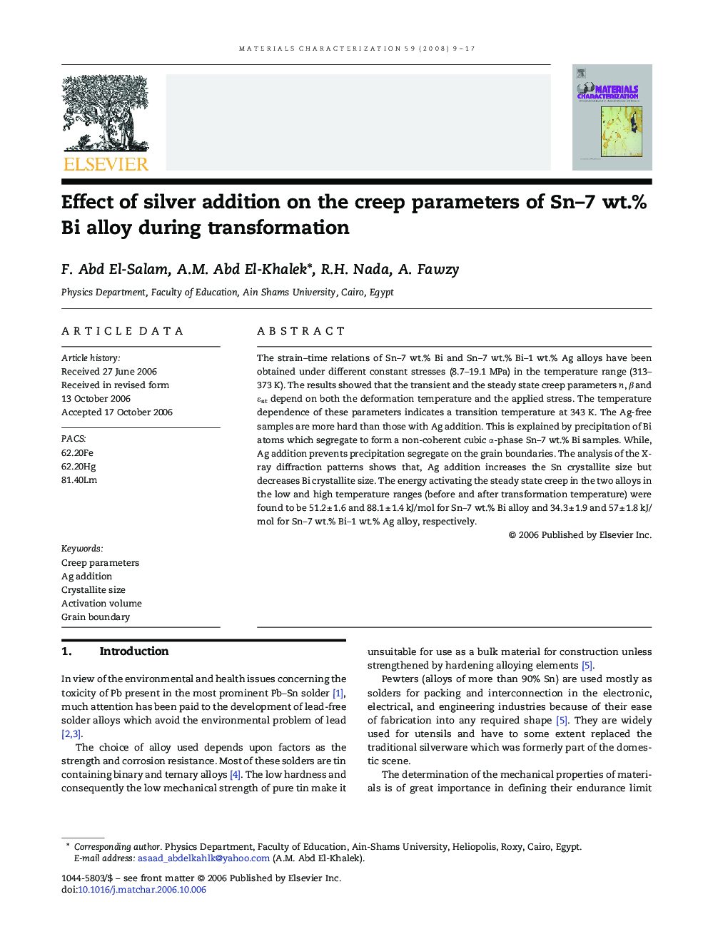 Effect of silver addition on the creep parameters of Sn–7 wt.% Bi alloy during transformation