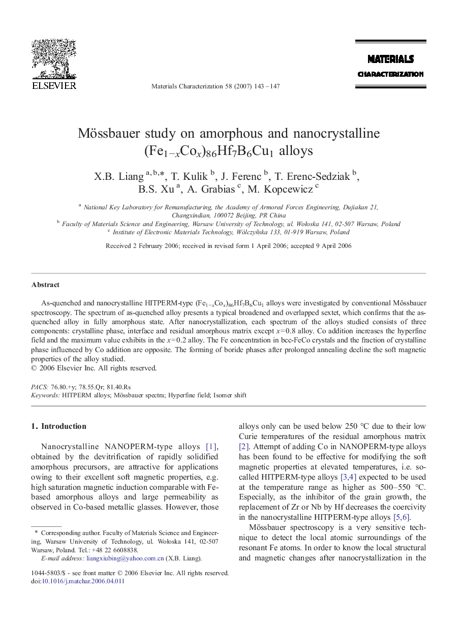 Mössbauer study on amorphous and nanocrystalline (Fe1âxCox)86Hf7B6Cu1 alloys