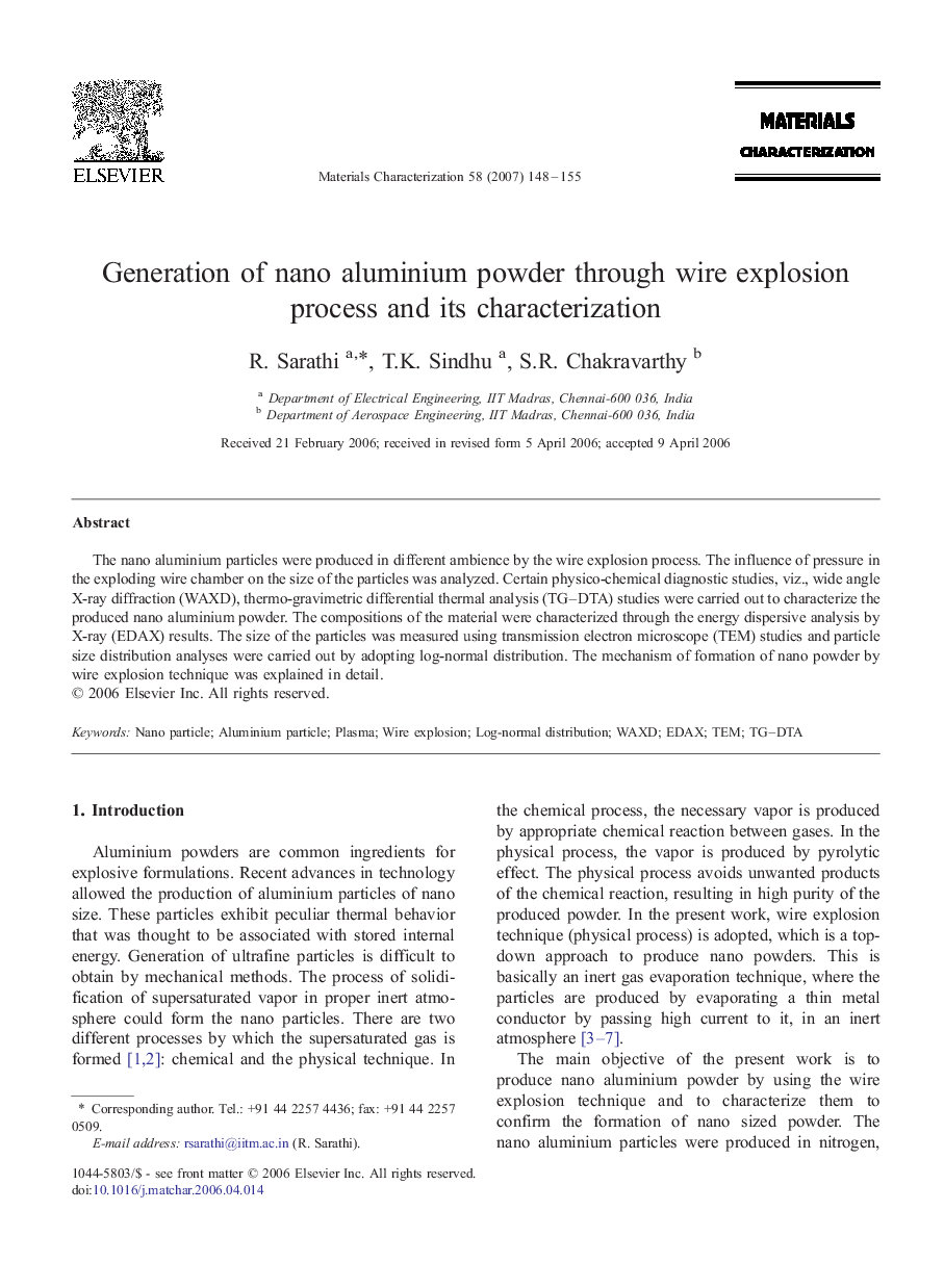 Generation of nano aluminium powder through wire explosion process and its characterization