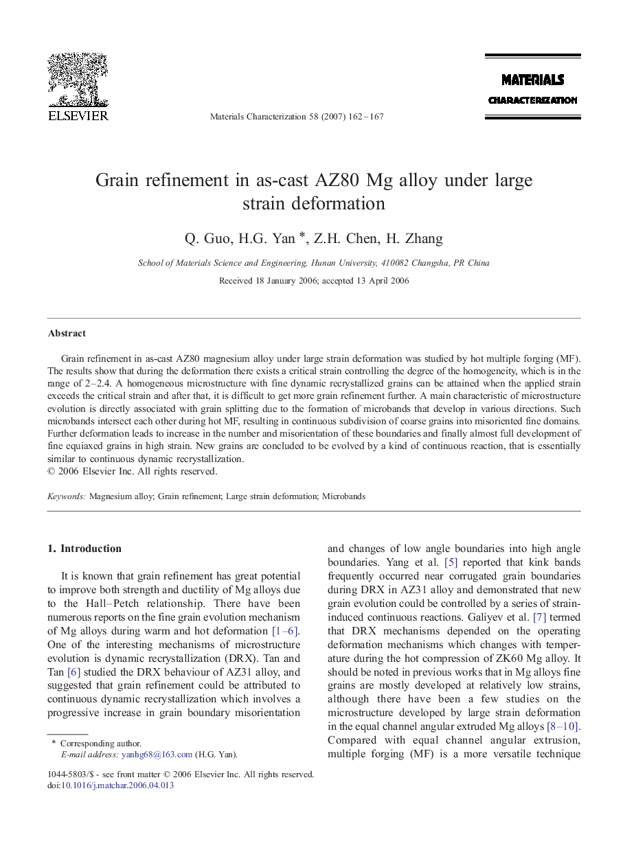 Grain refinement in as-cast AZ80 Mg alloy under large strain deformation