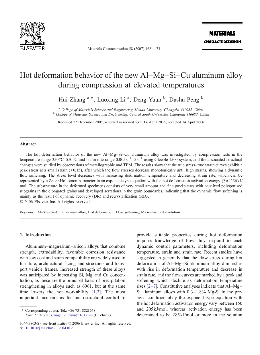 Hot deformation behavior of the new Al–Mg–Si–Cu aluminum alloy during compression at elevated temperatures