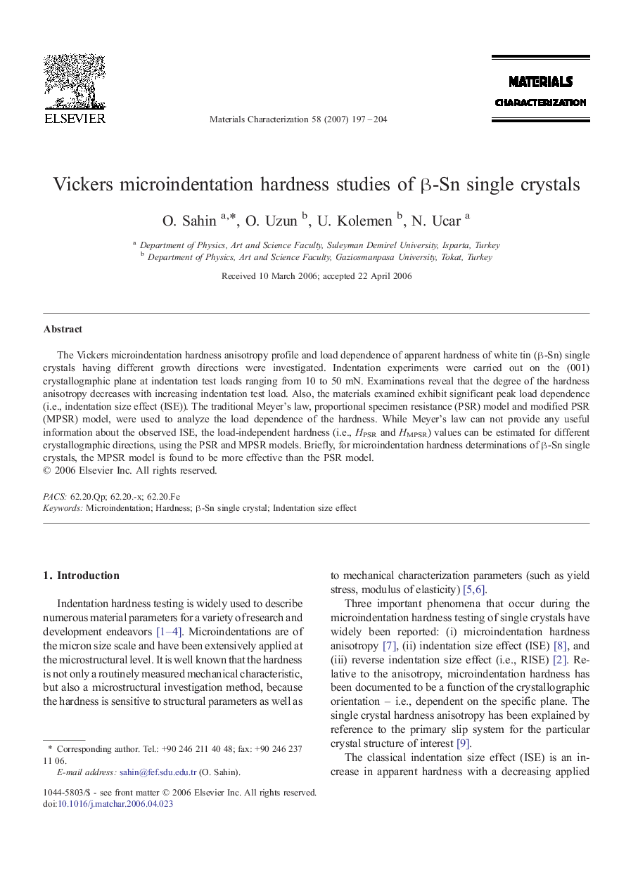 Vickers microindentation hardness studies of β-Sn single crystals