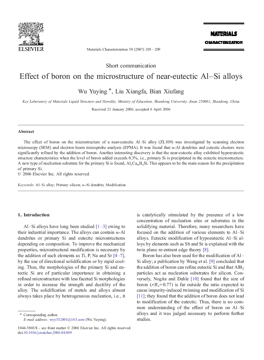 Effect of boron on the microstructure of near-eutectic Al–Si alloys