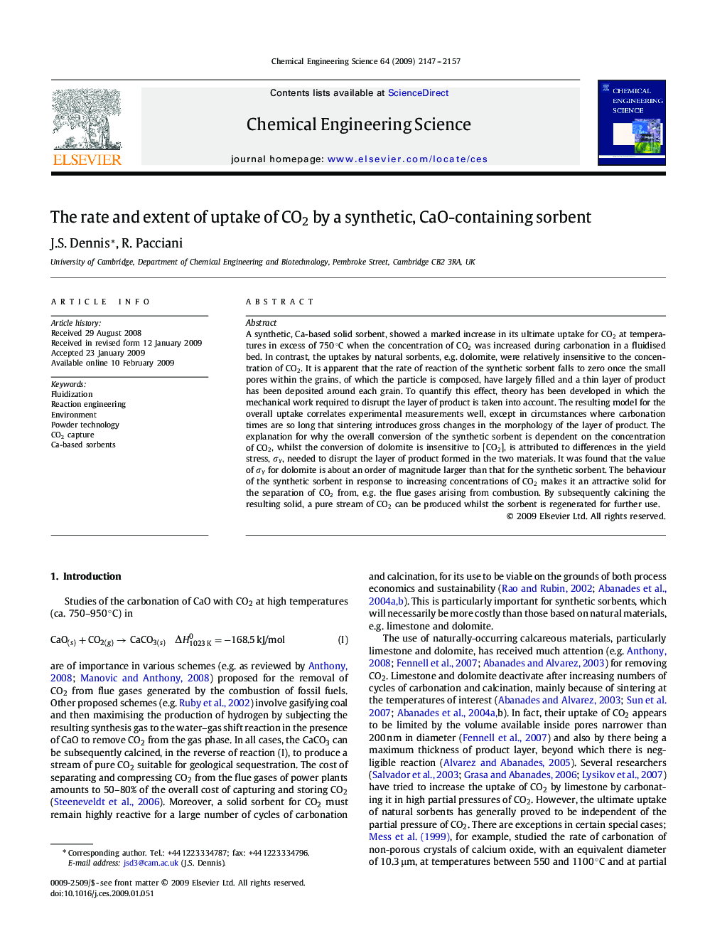 The rate and extent of uptake of CO2 by a synthetic, CaO-containing sorbent