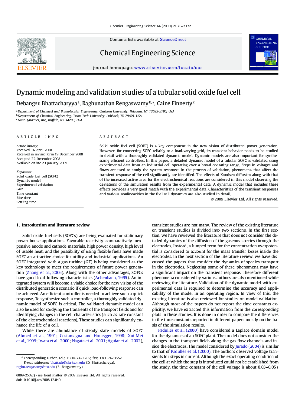 Dynamic modeling and validation studies of a tubular solid oxide fuel cell