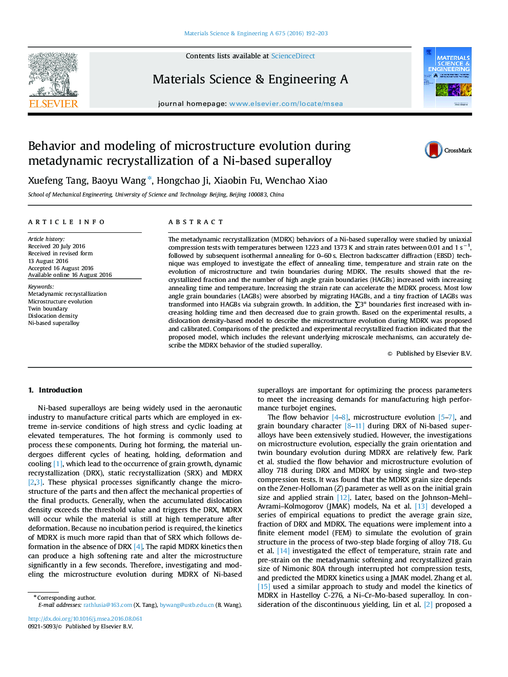 Behavior and modeling of microstructure evolution during metadynamic recrystallization of a Ni-based superalloy