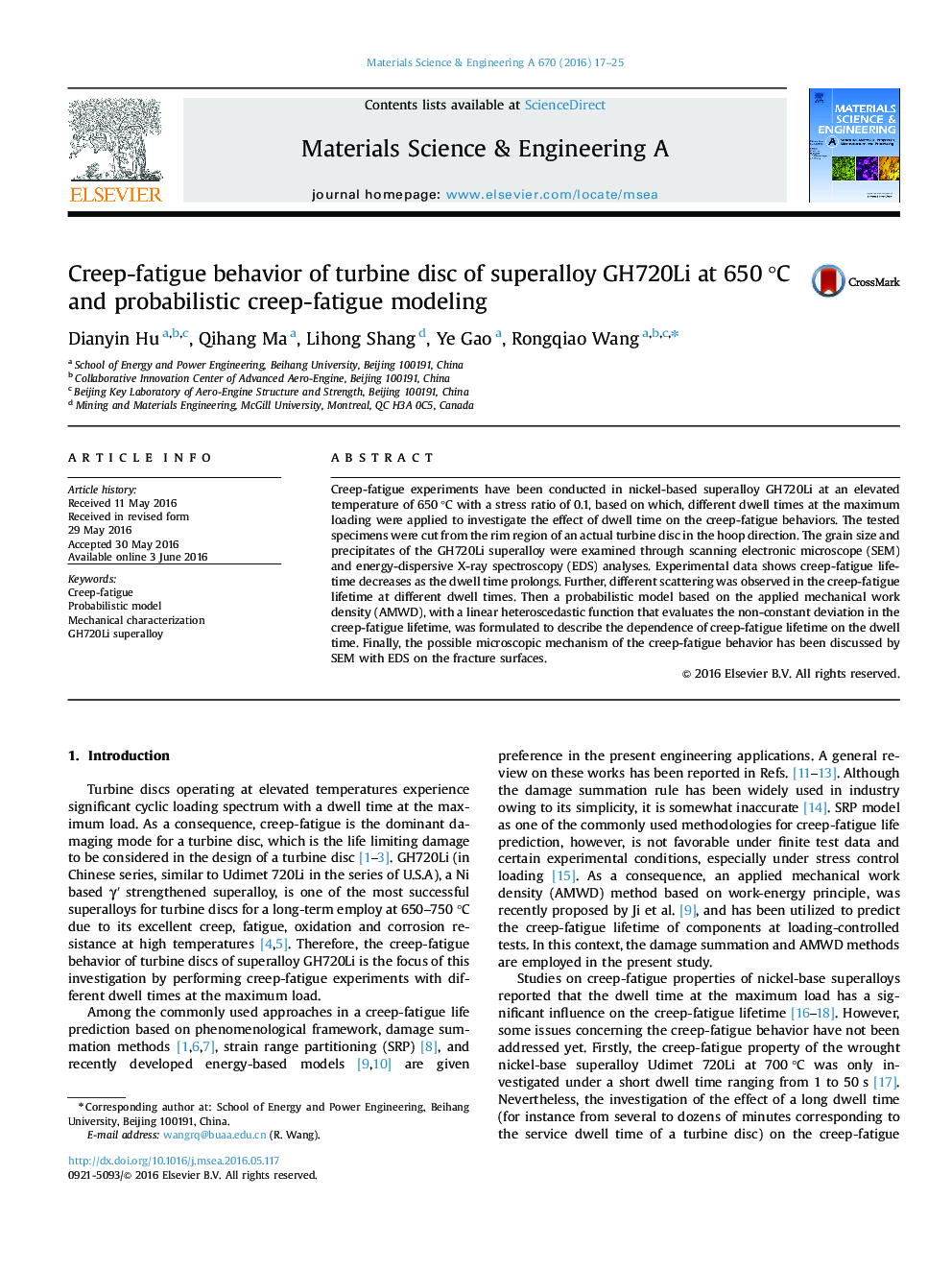 Creep-fatigue behavior of turbine disc of superalloy GH720Li at 650Â Â°C and probabilistic creep-fatigue modeling