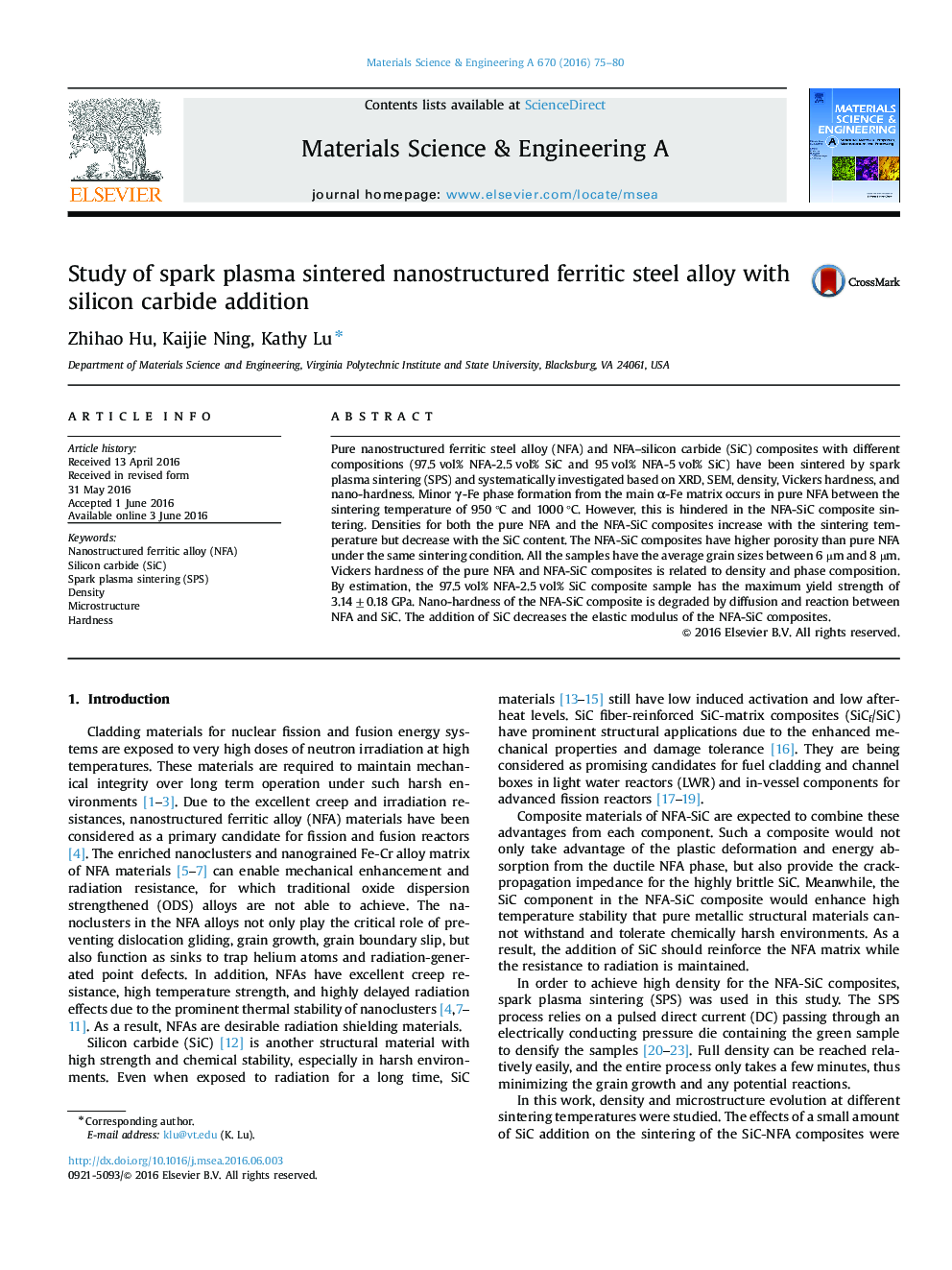 Study of spark plasma sintered nanostructured ferritic steel alloy with silicon carbide addition