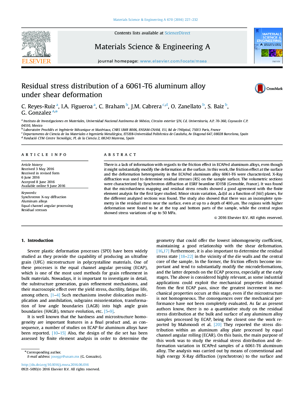 Residual stress distribution of a 6061-T6 aluminum alloy under shear deformation