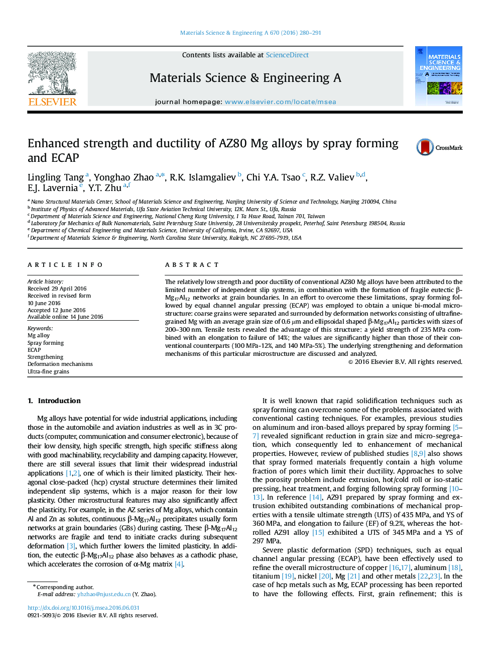 Enhanced strength and ductility of AZ80 Mg alloys by spray forming and ECAP