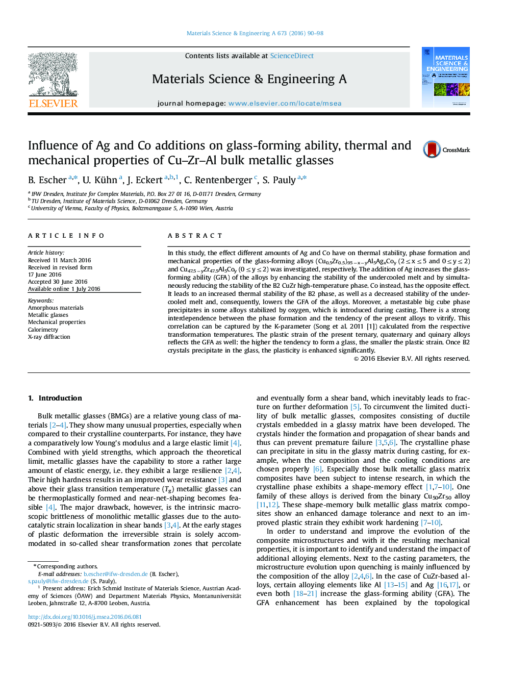 Influence of Ag and Co additions on glass-forming ability, thermal and mechanical properties of Cu-Zr-Al bulk metallic glasses