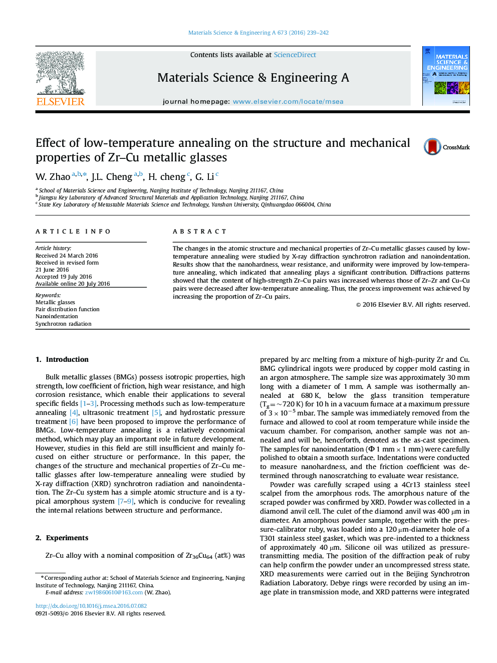 Effect of low-temperature annealing on the structure and mechanical properties of Zr-Cu metallic glasses