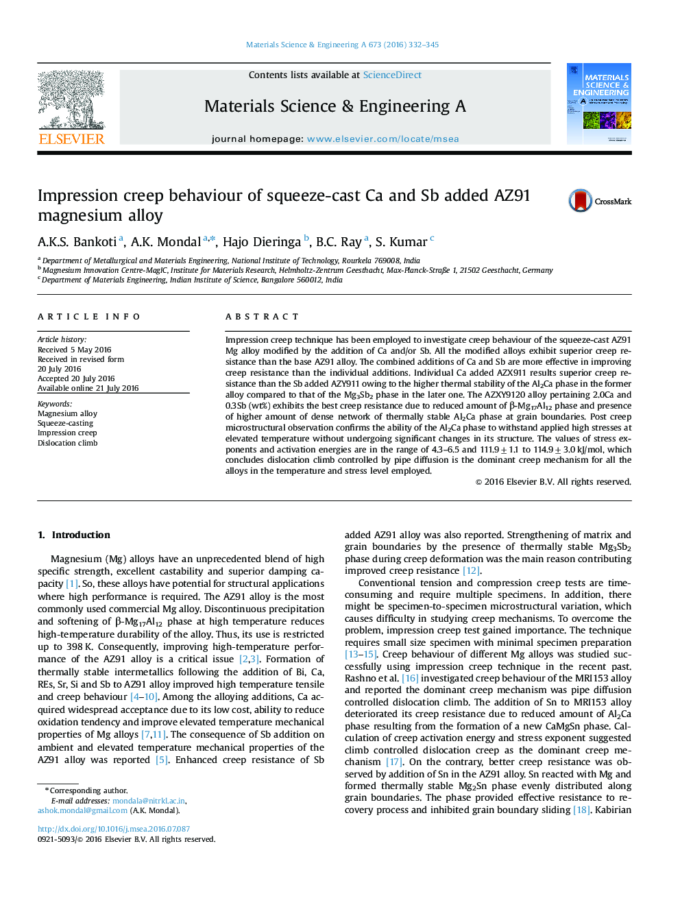 Impression creep behaviour of squeeze-cast Ca and Sb added AZ91 magnesium alloy