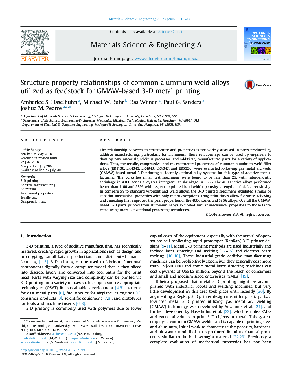 Structure-property relationships of common aluminum weld alloys utilized as feedstock for GMAW-based 3-D metal printing