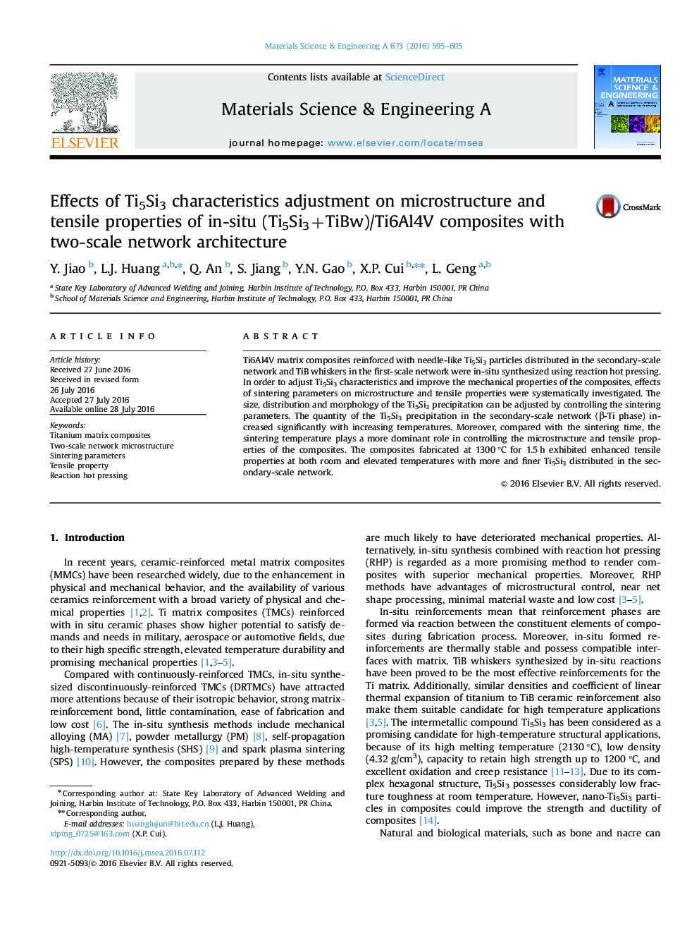 Effects of Ti5Si3 characteristics adjustment on microstructure and tensile properties of in-situ (Ti5Si3+TiBw)/Ti6Al4V composites with two-scale network architecture