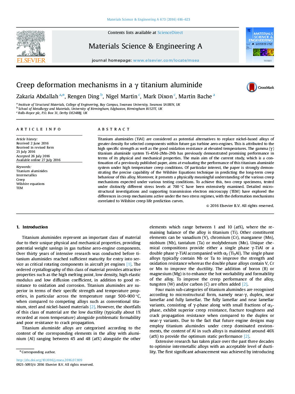 Creep deformation mechanisms in a Î³ titanium aluminide