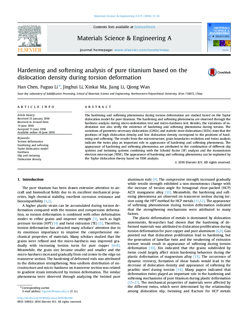 Hardening and softening analysis of pure titanium based on the dislocation density during torsion deformation