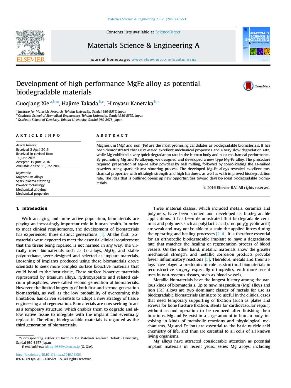 Development of high performance MgFe alloy as potential biodegradable materials