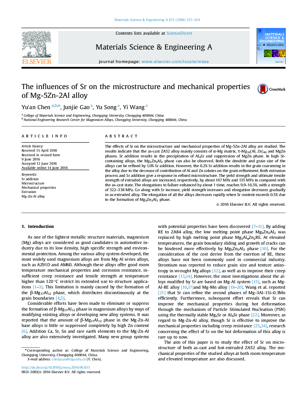 The influences of Sr on the microstructure and mechanical properties of Mg-5Zn-2Al alloy