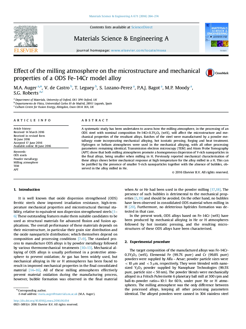 Effect of the milling atmosphere on the microstructure and mechanical properties of a ODS Fe-14Cr model alloy